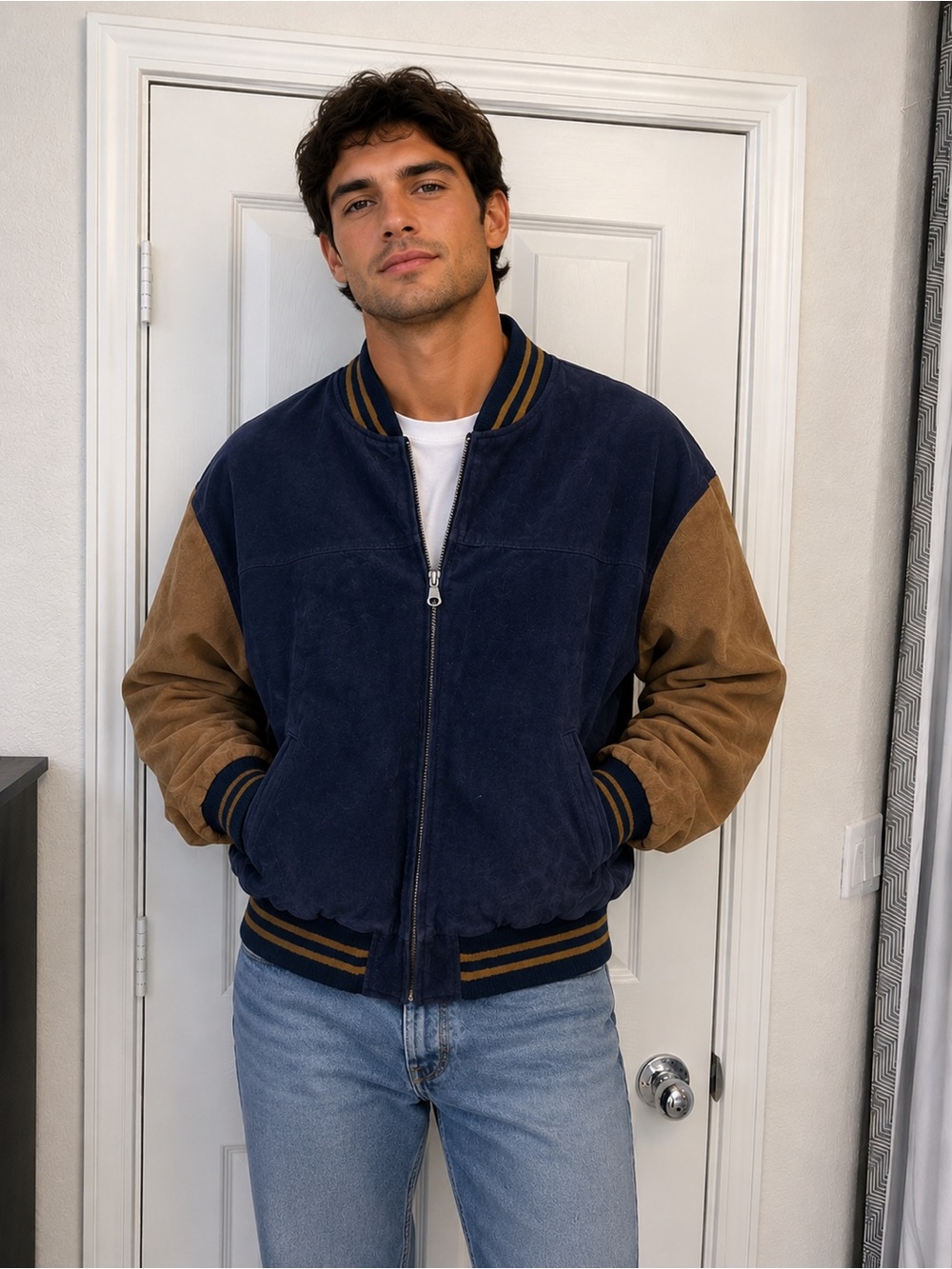 Vintage 90s American Leather Suede Bomber Jacket Blue Tan Varsity Mens XL
